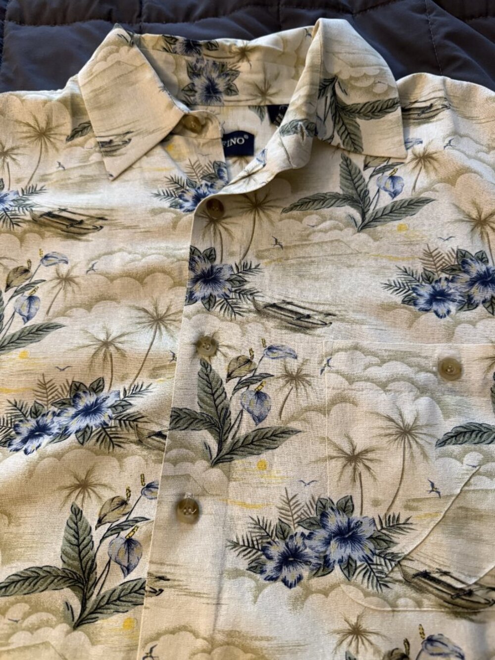 Portofino Mens Silk Shirt Short Sleeve Button Up Cream Hawaiian Tropical Palm Lg